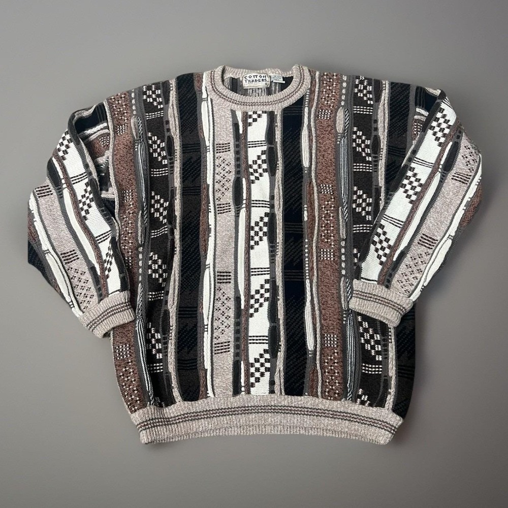 Vintage 90s Cotton Traders Knit Textured Coogi Style Sweater Biggie Size Large